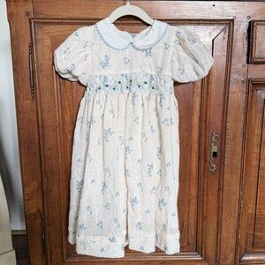 Elegant Cream and Blue Girls Smocked Dress - Size 5